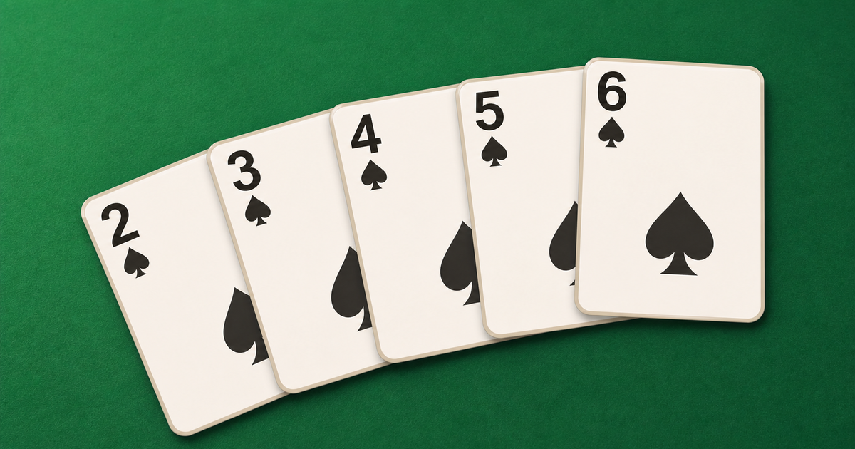 Five spades fanned on a green card table: the 2, 3, 4, 5 and 6 — a straight flush